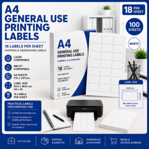 A4 general use printing labels with 18 labels per sheet, white labels sized 63.5 x 46.6 mm, suitable for laser and inkjet printers, Office Today Sunbury.