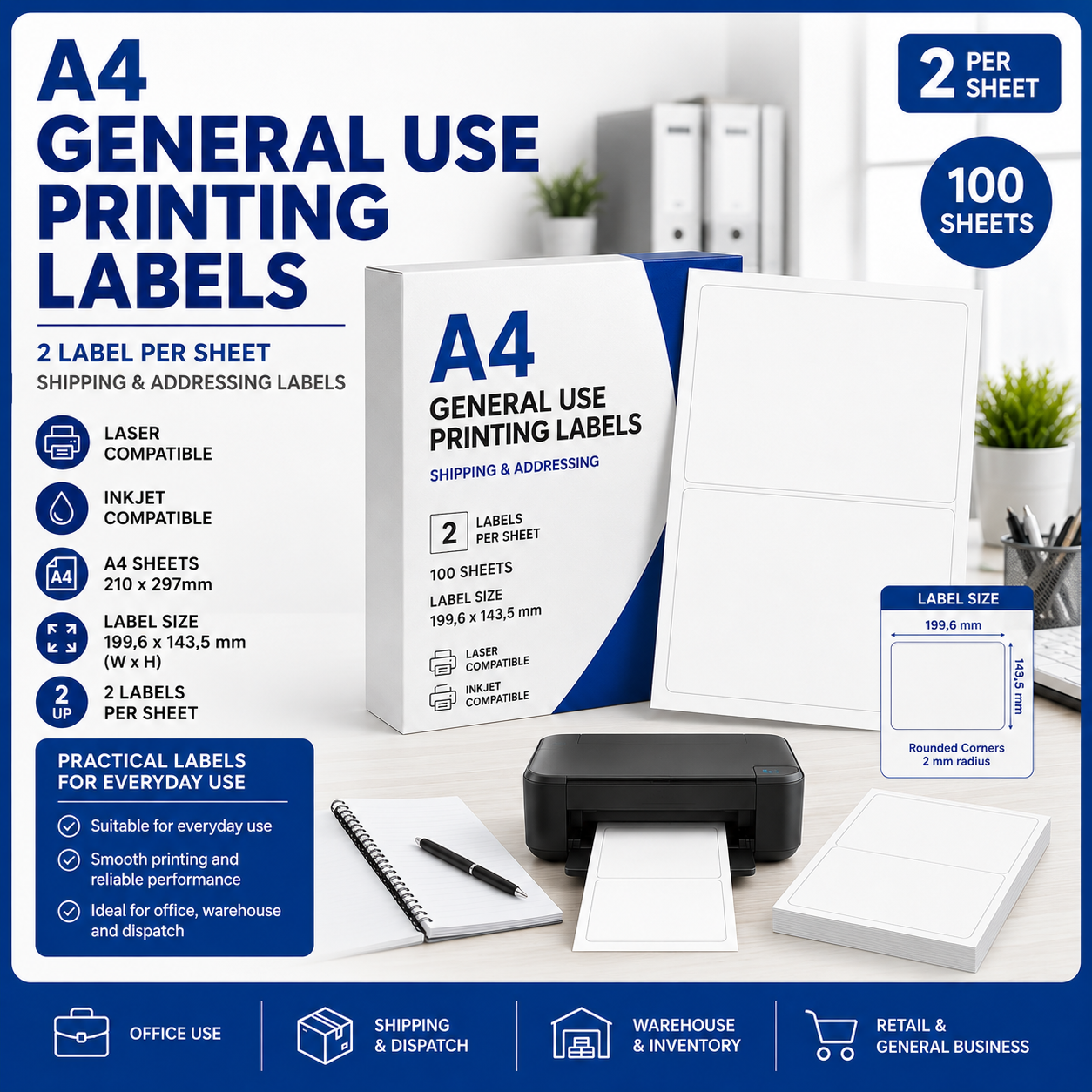 A4 General Use Printing Labels – 2 Labels Per Sheet – 100 Sheets A4 general use printing labels with 2 labels per sheet, white shipping and addressing labels, compatible with laser and inkjet printers, Office Today Sunbury.
