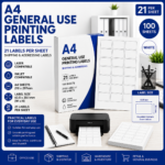 A4 general use printing labels with 21 labels per sheet arranged in 3 columns and 7 rows, white labels sized 63.5 x 38.1 mm, suitable for laser and inkjet printers, Office Today Sunbury.