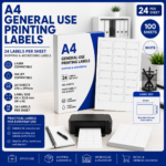 A4 general use printing labels with 24 labels per sheet arranged in 3 columns and 8 rows, white labels sized 64 x 33.8 mm, suitable for laser and inkjet printers, Office Today Sunbury.