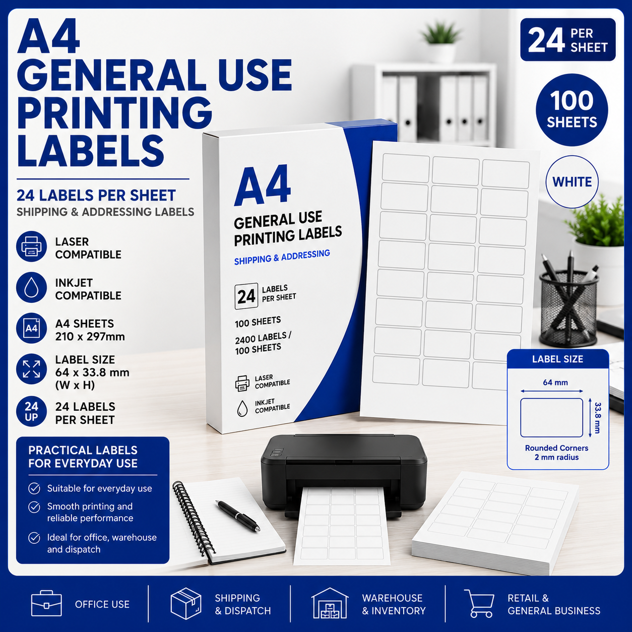 A4 General Use Printing Labels – 24 Labels Per Sheet – 100 Sheets A4 general use printing labels with 24 labels per sheet arranged in 3 columns and 8 rows, white labels sized 64 x 33.8 mm, suitable for laser and inkjet printers, Office Today Sunbury.