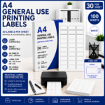 A4 General Use Printing Labels with 30 labels per sheet, 100 sheets per pack, 64 x 26.7 mm white shipping and addressing labels suitable for laser and inkjet printers.