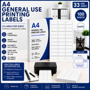 A4 General Use Printing Labels 33 Labels Per Sheet 100 Sheets White Shipping and Addressing Labels 70 x 25.4mm