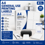 A4 general use printing labels with 4 labels per sheet, white labels sized 99.1 x 139 mm, compatible with laser and inkjet printers, Office Today Sunbury.
