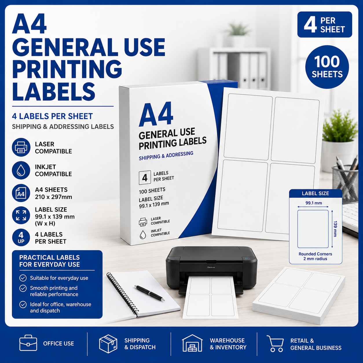 A4 General Use Printing Labels – 4 Labels Per Sheet – 100 Sheets A4 general use printing labels with 4 labels per sheet, white labels sized 99.1 x 139 mm, compatible with laser and inkjet printers, Office Today Sunbury.