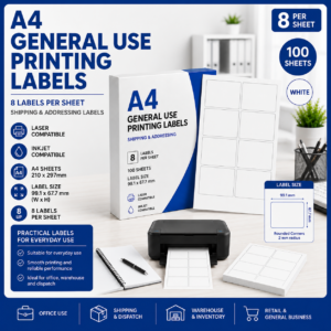 A4 general use printing labels with 8 labels per sheet, white labels sized 99.1 x 67.7 mm, suitable for laser and inkjet printers, Office Today Sunbury.
