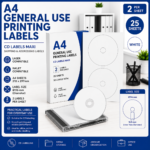 A4 General Use Printing Labels CD Labels Maxi with 2 CD labels per sheet, Ø116 mm diameter, 25 sheets and 50 labels total.