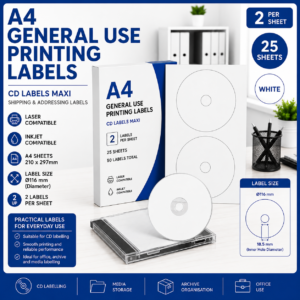 A4 General Use Printing Labels CD Labels Maxi with 2 CD labels per sheet, Ø116 mm diameter, 25 sheets and 50 labels total.