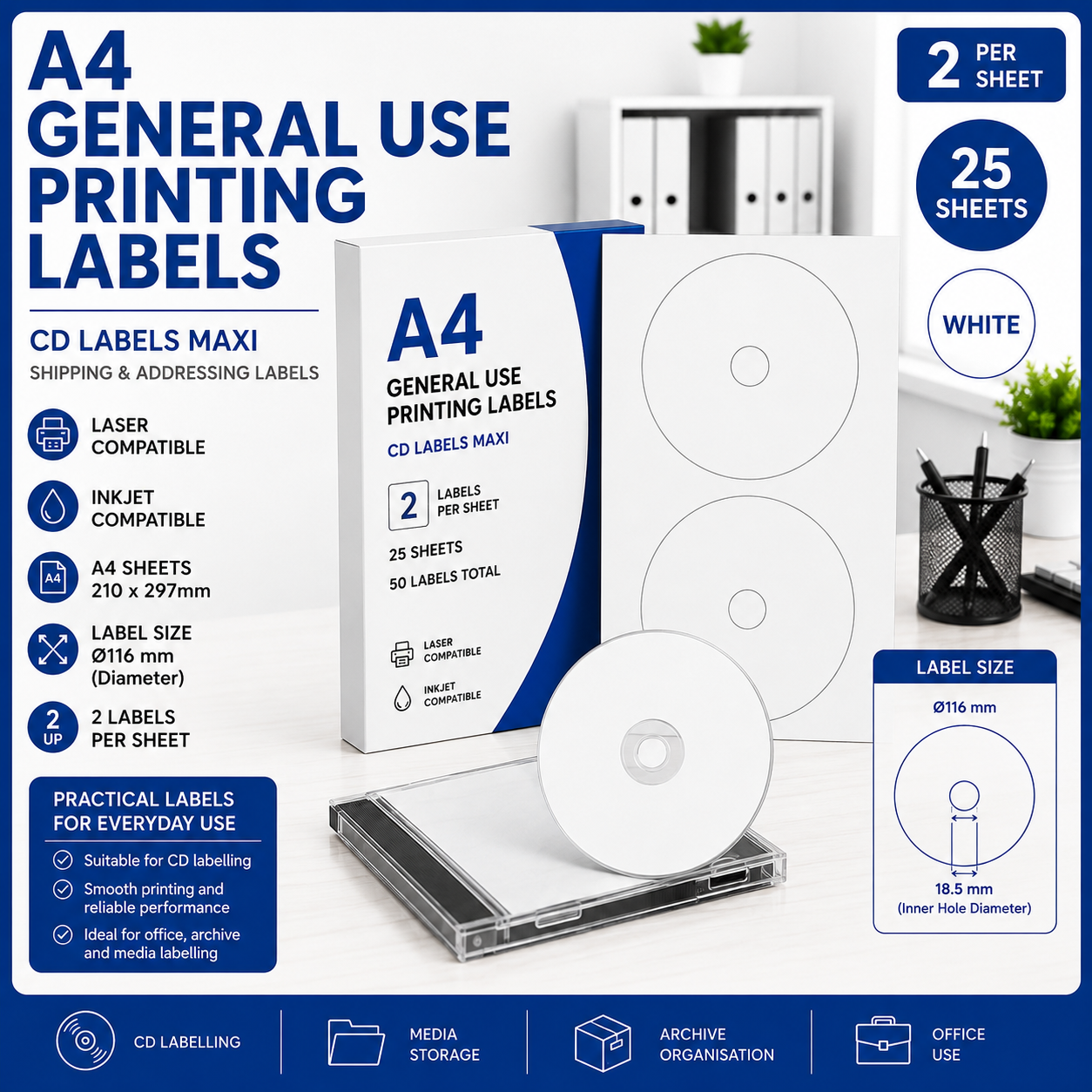A4 General Use Printing Labels – CD Labels Maxi – 2 Labels Per Sheet – 25 Sheets A4 General Use Printing Labels CD Labels Maxi with 2 CD labels per sheet, Ø116 mm diameter, 25 sheets and 50 labels total.