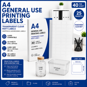 A4 Transparent Clear Matt Labels with 40 labels per sheet, 52.5 × 29.7 mm label size, laser compatible, 25 sheets and 1000 labels total.