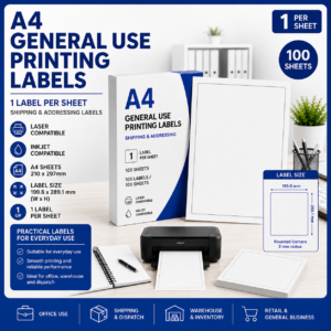 A4 general use printing labels with 1 label per sheet, white labels sized 199.6 × 289.1 mm, suitable for laser and inkjet printers, Office Today Sunbury.