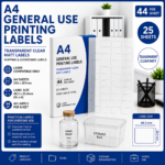 A4 Transparent Clear Matt Labels with 44 labels per sheet, 48.3 × 25.4 mm label size, laser compatible, 25 sheets and 1100 labels total.