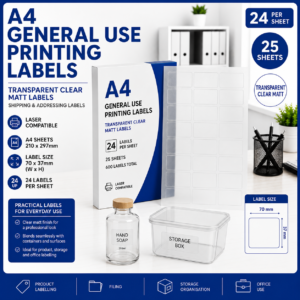 A4 Transparent Clear Matt Labels with 24 labels per sheet, 70 × 37 mm label size, laser compatible, 25 sheets and 600 labels total.