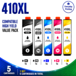 Epson 410XL Compatible Value Combo Pack containing 5 compatible ink cartridges with 1 Black, 1 Photo Black, 1 Cyan, 1 Magenta and 1 Yellow cartridge.