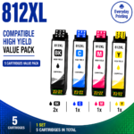 Epson 812XL Compatible Ink Cartridges 5 Colours Value Pack containing 2 Black, 1 Cyan, 1 Magenta and 1 Yellow compatible ink cartridges.