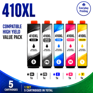 Epson 410XL Compatible Value Combo Pack containing 5 compatible ink cartridges with 1 Black, 1 Photo Black, 1 Cyan, 1 Magenta and 1 Yellow cartridge.