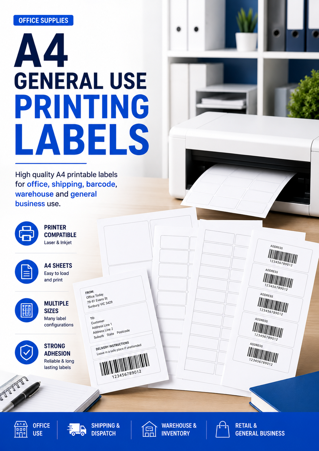 A4 general use printing labels with multiple label sizes for office, shipping, barcode and warehouse use.