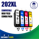 Epson 202XL Compatible Ink Cartridges – 4 Colours Value Pack – 3 Pack Value Bundle containing 12 compatible ink cartridges with 3 Black, 3 Cyan, 3 Magenta and 3 Yellow cartridges for compatible Epson printers using the Epson 202XL cartridge series.