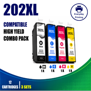 Epson 202XL Compatible Ink Cartridges – 4 Colours Value Pack – 3 Pack Value Bundle containing 12 compatible ink cartridges with 3 Black, 3 Cyan, 3 Magenta and 3 Yellow cartridges for compatible Epson printers using the Epson 202XL cartridge series.