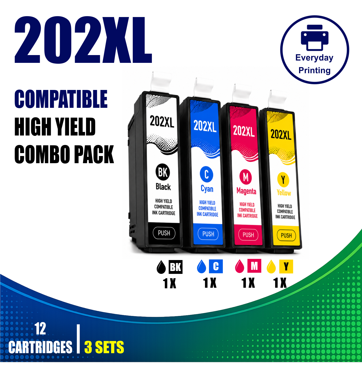 Epson 202XL Compatible Ink Cartridges – 4 Colours Value Pack – 3 Pack Value Bundle (12 Cartridges) Epson 202XL Compatible Ink Cartridges – 4 Colours Value Pack – 3 Pack Value Bundle containing 12 compatible ink cartridges with 3 Black, 3 Cyan, 3 Magenta and 3 Yellow cartridges for compatible Epson printers using the Epson 202XL cartridge series.