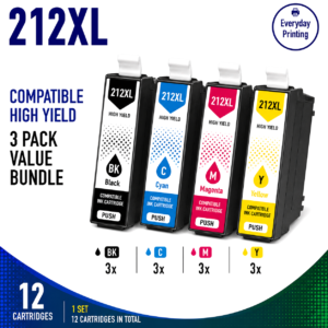 Epson 212XL Compatible Ink Cartridges – 4 Colours Value Pack – 3 Pack Value Bundle containing 12 compatible ink cartridges with 3 Black, 3 Cyan, 3 Magenta and 3 Yellow cartridges.