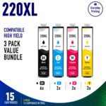 Epson 220XL Compatible Ink Cartridges – 5 Colours Value Pack – 3 Pack Value Bundle containing 15 compatible ink cartridges with 6 Black, 3 Cyan, 3 Magenta and 3 Yellow cartridges.