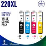 Epson 220XL Compatible Value Combo Pack containing 5 compatible ink cartridges with 2 Black, 1 Cyan, 1 Magenta and 1 Yellow cartridge.