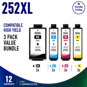 Epson 252XL Compatible Ink Cartridges – 4 Colours Value Pack – 3 Pack Value Bundle containing 12 compatible ink cartridges with 3 Black, 3 Cyan, 3 Magenta and 3 Yellow cartridges.