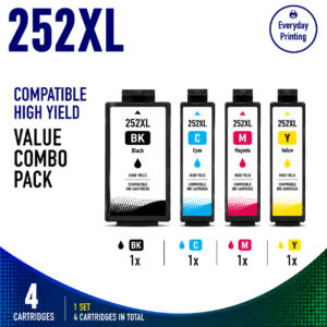 Epson 252XL Compatible Value Combo Pack containing 4 compatible ink cartridges with 1 Black, 1 Cyan, 1 Magenta and 1 Yellow cartridge.
