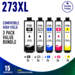 Epson 273XL Compatible Ink Cartridges – 5 Colours Value Pack – 3 Pack Value Bundle containing 15 compatible ink cartridges with 3 Black, 3 Photo Black, 3 Cyan, 3 Magenta and 3 Yellow cartridges.