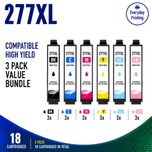 Epson 277XL Compatible Ink Cartridges – 6 Colours Value Pack – 3 Pack Value Bundle containing 18 compatible ink cartridges with 3 Black, 3 Cyan, 3 Magenta, 3 Yellow, 3 Light Cyan and 3 Light Magenta cartridges.