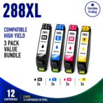 Epson 288XL Compatible Ink Cartridges – 4 Colours Value Pack – 3 Pack Value Bundle containing 12 compatible ink cartridges with 3 Black, 3 Cyan, 3 Magenta and 3 Yellow cartridges.