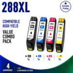 Epson 288XL Compatible Value Combo Pack containing 4 compatible ink cartridges with 1 Black, 1 Cyan, 1 Magenta and 1 Yellow cartridge.