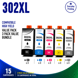 Epson 302XL Compatible Ink Cartridges – 5 Colours Value Pack – 3 Pack Value Bundle containing 15 compatible ink cartridges with 3 Black, 3 Photo Black, 3 Cyan, 3 Magenta and 3 Yellow cartridges.