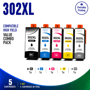 Epson 302XL Compatible Value Combo Pack containing 5 compatible ink cartridges with 1 Black, 1 Photo Black, 1 Cyan, 1 Magenta and 1 Yellow cartridge.