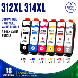 Epson 312XL 314XL Compatible Ink Cartridges – 6 Colours Value Pack – 3 Pack Value Bundle containing 18 compatible ink cartridges with 3 Black, 3 Cyan, 3 Magenta, 3 Yellow, 3 Red and 3 Grey cartridges.