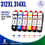Epson 312XL 314XL Compatible Value Combo Pack containing 6 compatible ink cartridges with 1 Black, 1 Cyan, 1 Magenta, 1 Yellow, 1 Red and 1 Grey cartridge.