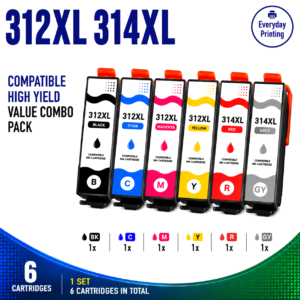 Epson 312XL 314XL Compatible Value Combo Pack containing 6 compatible ink cartridges with 1 Black, 1 Cyan, 1 Magenta, 1 Yellow, 1 Red and 1 Grey cartridge.
