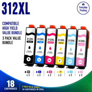 Epson 312XL Compatible Ink Cartridges – 6 Colours Value Pack – 3 Pack Value Bundle containing 18 compatible ink cartridges with 3 Black, 3 Cyan, 3 Magenta, 3 Yellow, 3 Light Cyan and 3 Light Magenta cartridges.