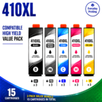Epson 410XL Compatible Ink Cartridges – 5 Colours Value Pack – 3 Pack Value Bundle containing 15 compatible ink cartridges with 3 Black, 3 Photo Black, 3 Cyan, 3 Magenta and 3 Yellow cartridges.