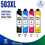 Epson 503XL Compatible Value Combo Pack – 3 Pack Value Bundle containing 12 compatible ink cartridges with 3 Black, 3 Cyan, 3 Magenta and 3 Yellow cartridges.
