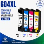 Epson 604XL Compatible Value Combo Pack – 3 Pack Value Bundle containing 12 compatible ink cartridges with 3 Black, 3 Cyan, 3 Magenta and 3 Yellow cartridges.