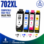 Epson 702XL Compatible Value Combo Pack containing 4 compatible ink cartridges with 1 Black, 1 Cyan, 1 Magenta and 1 Yellow cartridge.