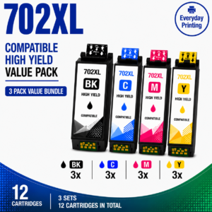 Epson 702XL Compatible Value Combo Pack – 3 Pack Value Bundle containing 12 compatible ink cartridges with 3 Black, 3 Cyan, 3 Magenta and 3 Yellow cartridges.