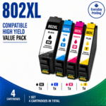 Epson 802XL Compatible Value Combo Pack containing 4 compatible ink cartridges with 1 Black, 1 Cyan, 1 Magenta and 1 Yellow cartridge.