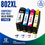 Epson 802XL Compatible Value Combo Pack – 3 Pack Value Bundle containing 12 compatible ink cartridges with 3 Black, 3 Cyan, 3 Magenta and 3 Yellow cartridges.