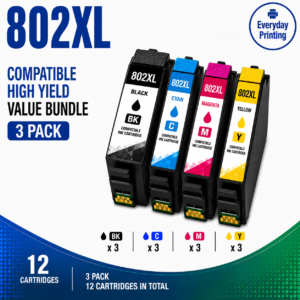 Epson 802XL Compatible Value Combo Pack – 3 Pack Value Bundle containing 12 compatible ink cartridges with 3 Black, 3 Cyan, 3 Magenta and 3 Yellow cartridges.