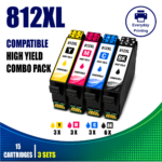 Epson 812XL Compatible Value Combo Pack containing 15 compatible ink cartridges with 6 Black, 3 Cyan, 3 Magenta and 3 Yellow cartridges.