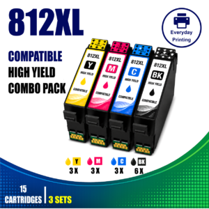 Epson 812XL Compatible Value Combo Pack containing 15 compatible ink cartridges with 6 Black, 3 Cyan, 3 Magenta and 3 Yellow cartridges.