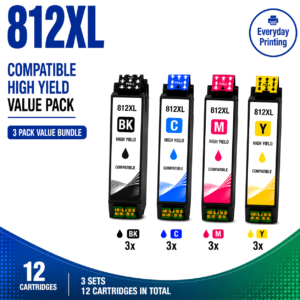 Epson 812XL Compatible Value Combo Pack – 3 Pack Value Bundle containing 12 compatible ink cartridges with 3 Black, 3 Cyan, 3 Magenta and 3 Yellow cartridges.